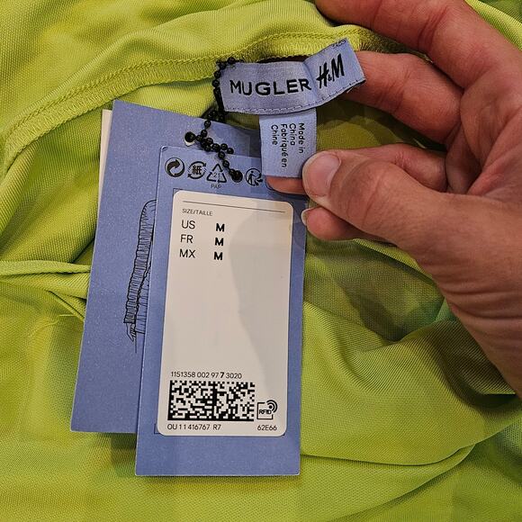 Mugler H&M One Shoulder Ruched Mini Dress Women’s M Neon Green NEW Runway Collab - Picture 16 of 16